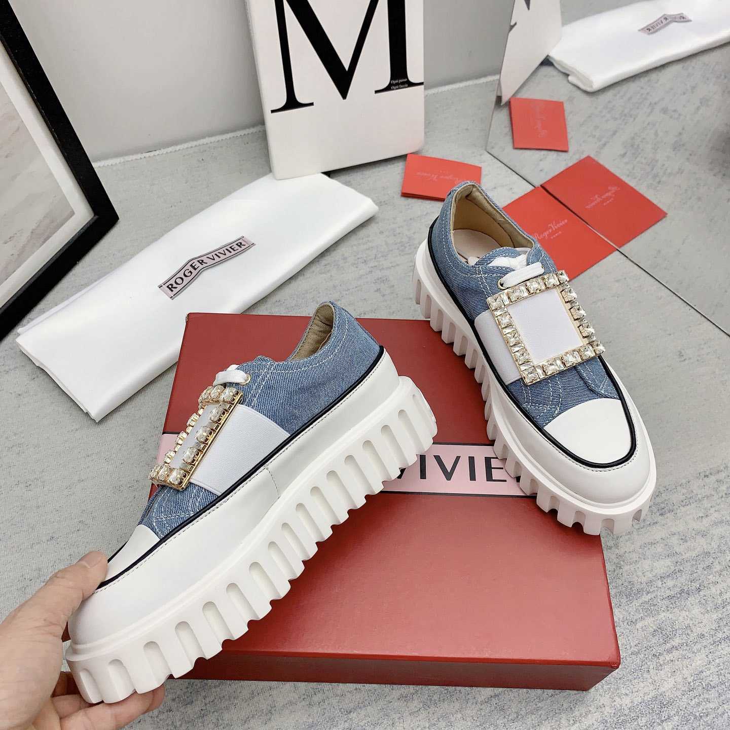 Roger Vivier Viv' Go-Thick Strass Buckle Slip-on Sneakers In Denim - DopestKickz