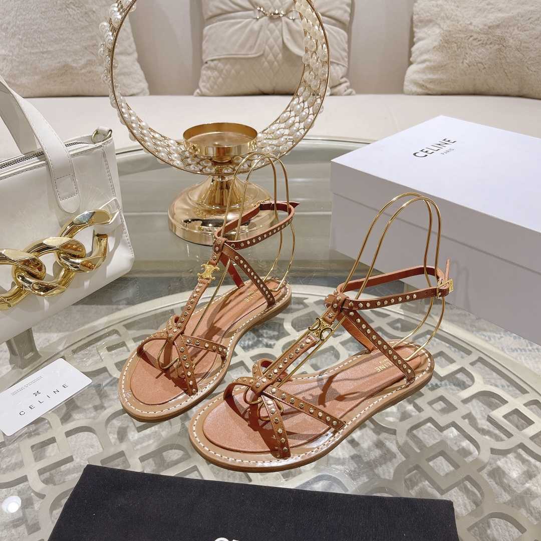 Celine Taillat Flat Sandal With Studs In Calfskin - Vegetal Tanning & Studs Tan - DopestKickz