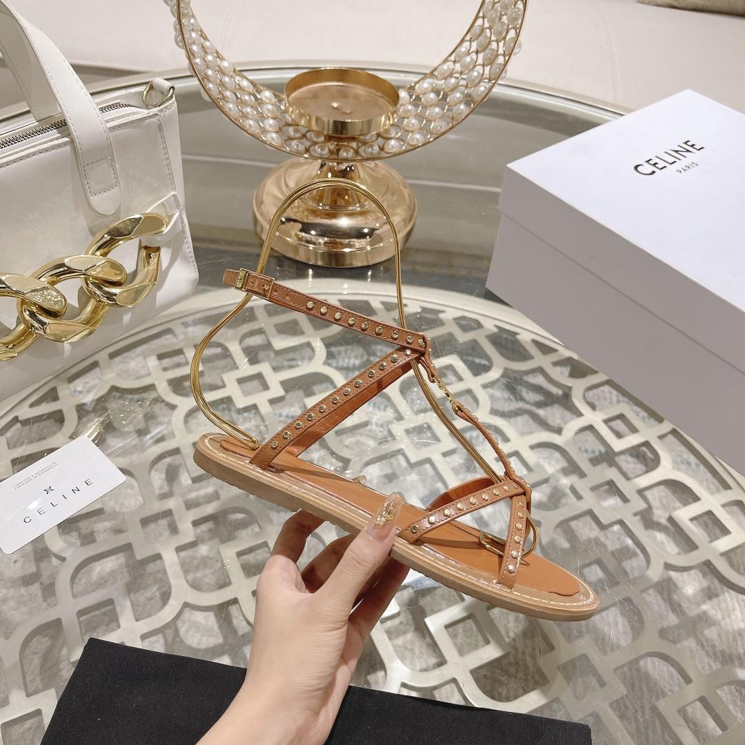 Celine Taillat Flat Sandal With Studs In Calfskin - Vegetal Tanning & Studs Tan - DopestKickz