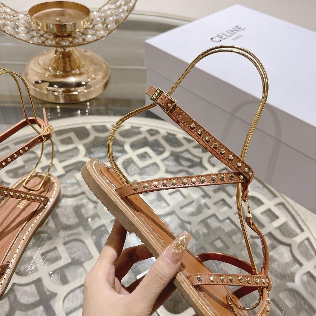 Celine Taillat Flat Sandal With Studs In Calfskin - Vegetal Tanning & Studs Tan - DopestKickz