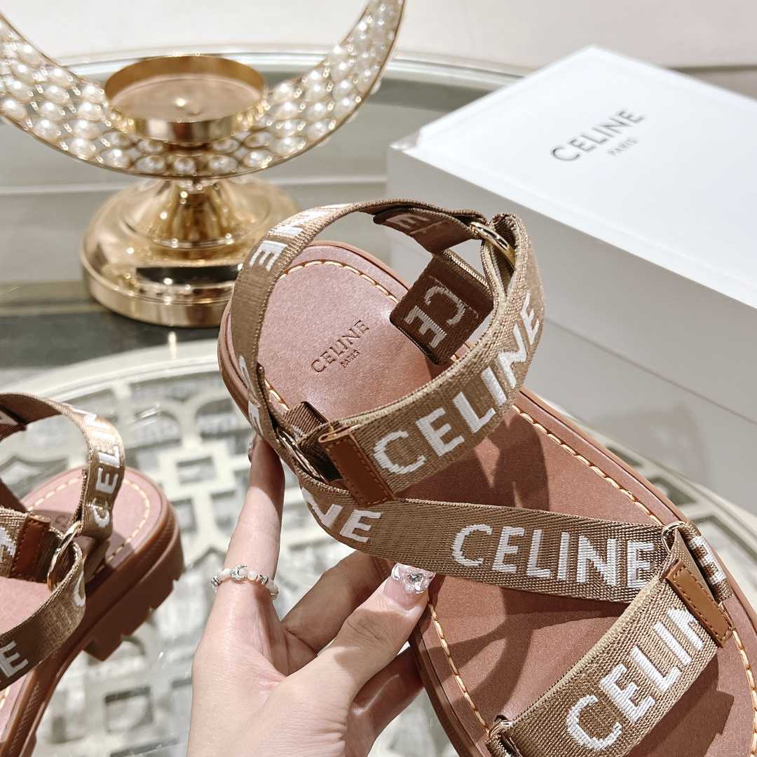 Celine Leo Strappy Sandal In Wool With ''Celine'' Jacquard  Light Beige /White - DopestKickz