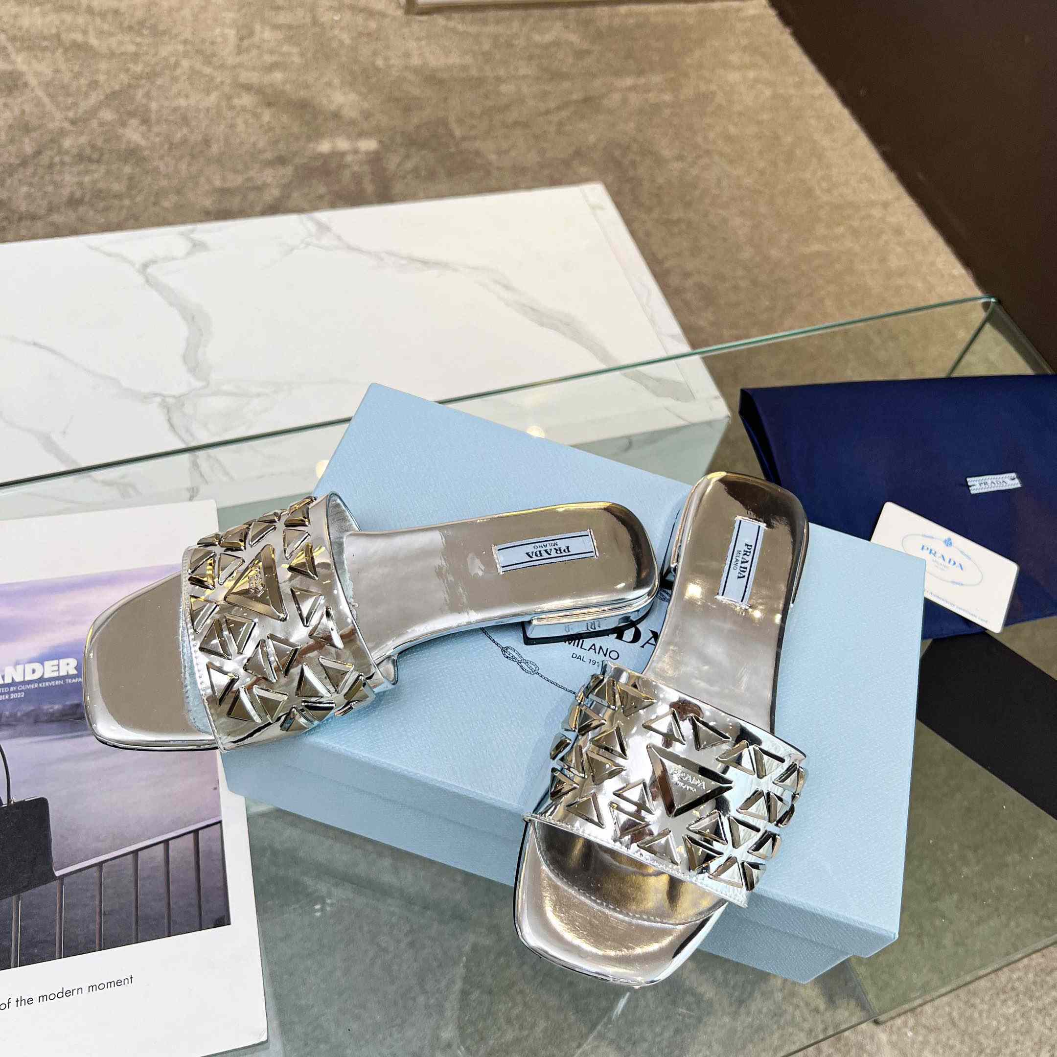 Prada Studded Metallic Leather Slides - DopestKickz