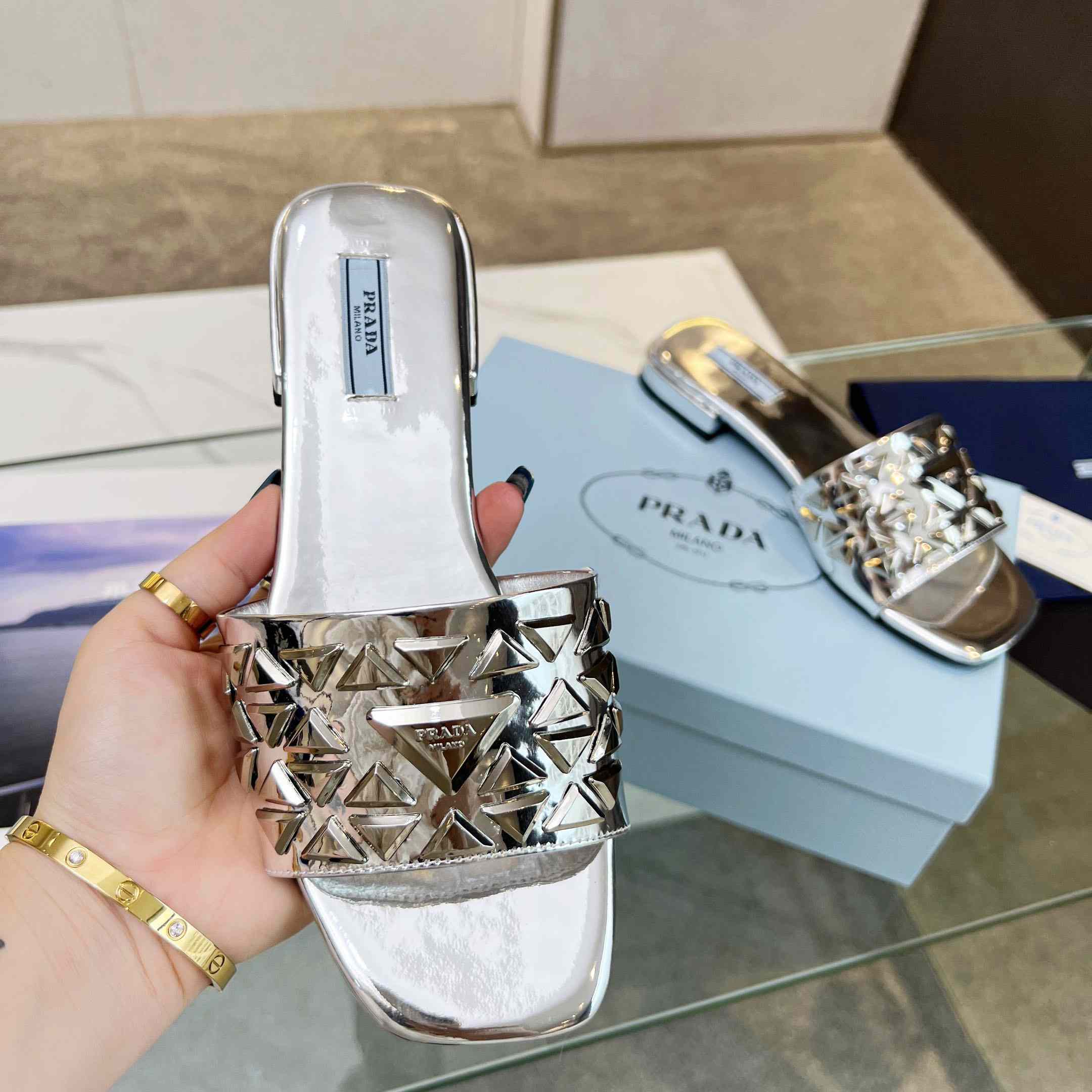 Prada Studded Metallic Leather Slides - DopestKickz