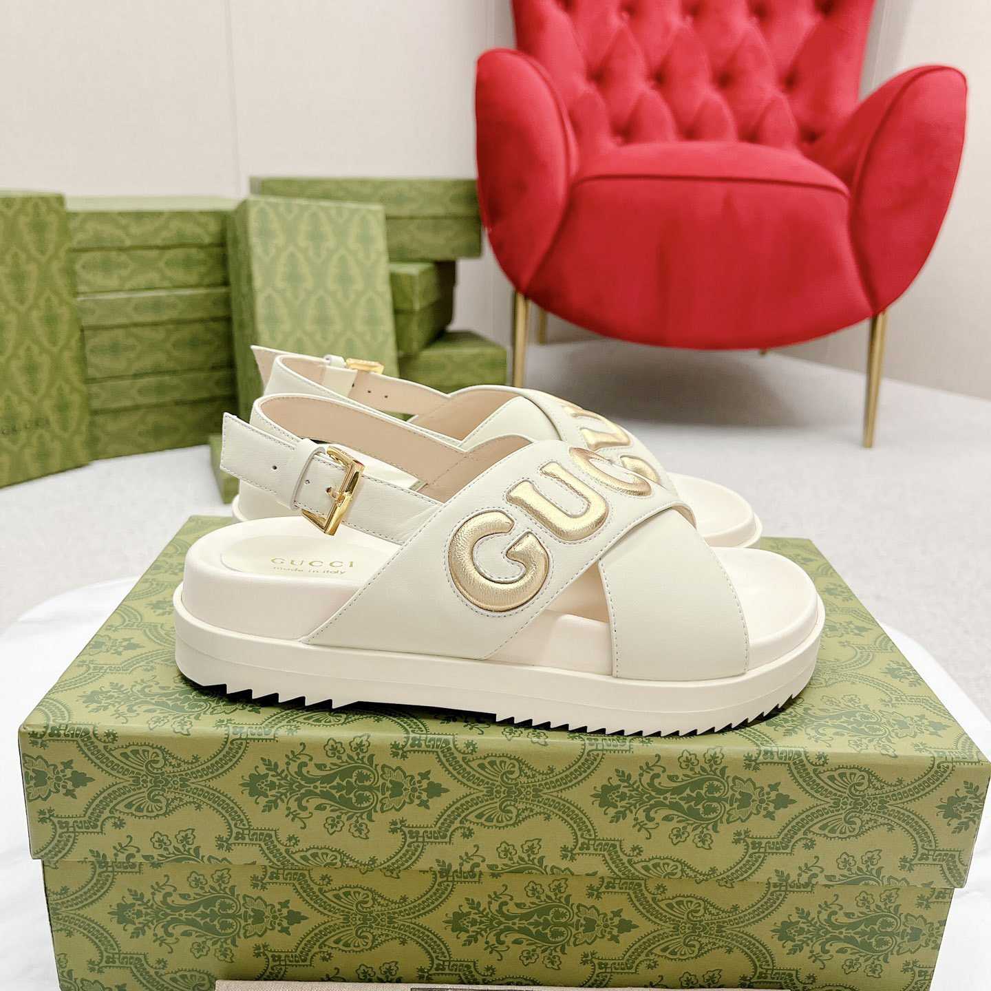 Gucci White Embossed Sandals - DopestKickz