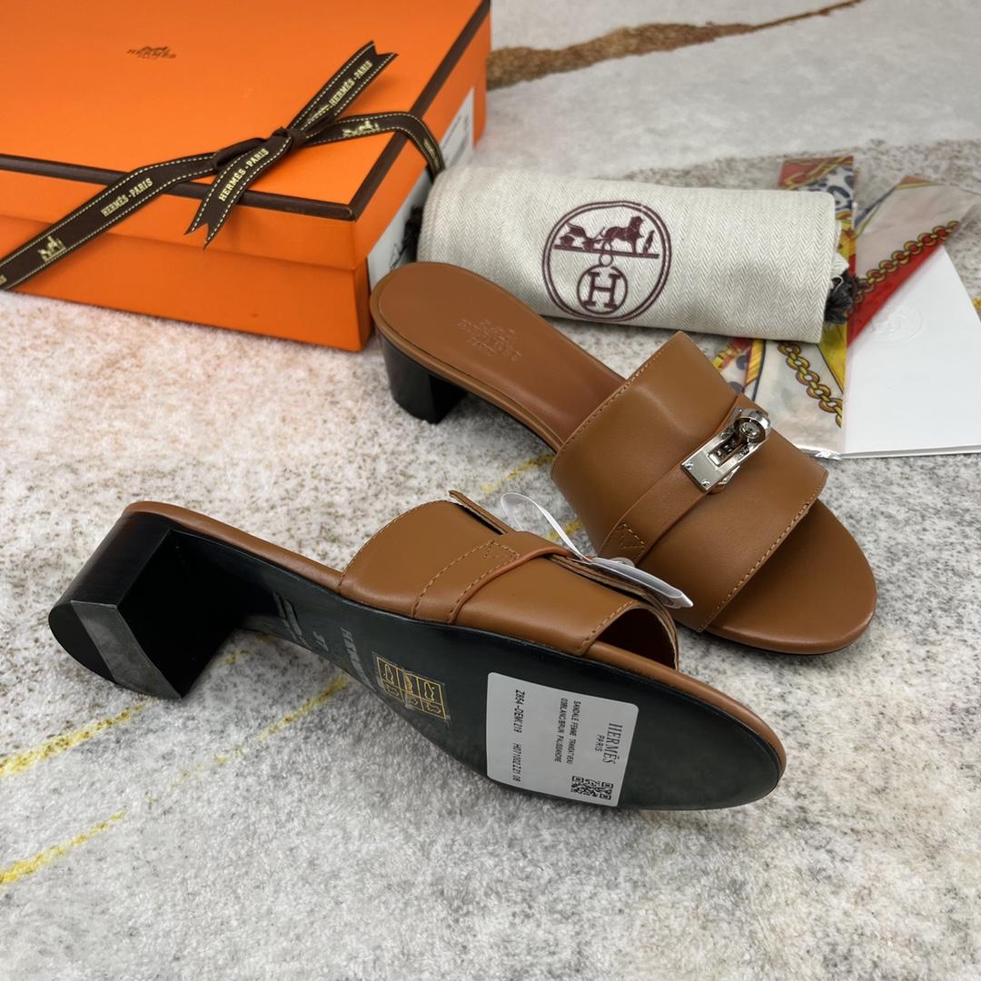 Hermes Open Toe Round Toe Casual Style Plain Leather Block Heels - DopestKickz