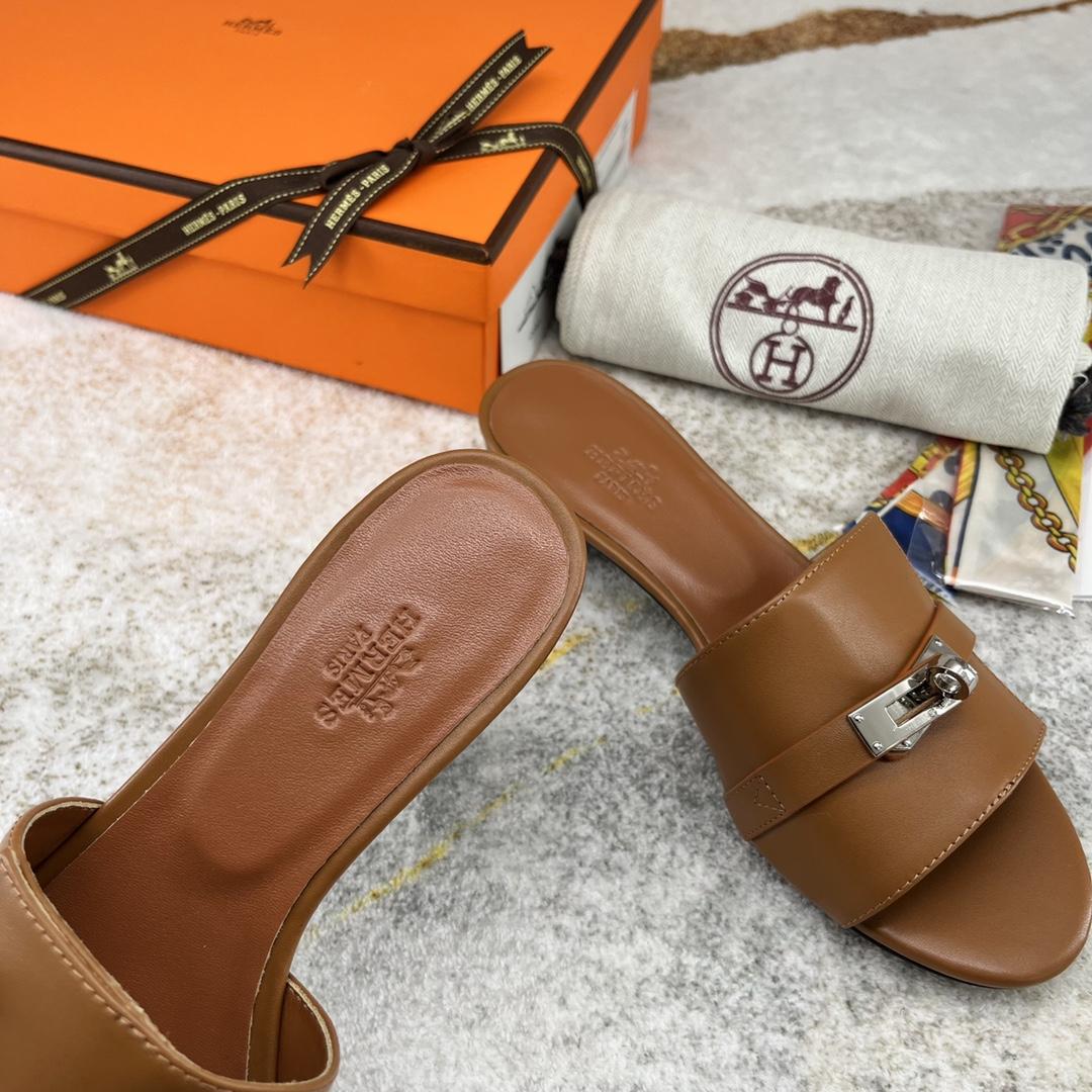Hermes Open Toe Round Toe Casual Style Plain Leather Block Heels - DopestKickz