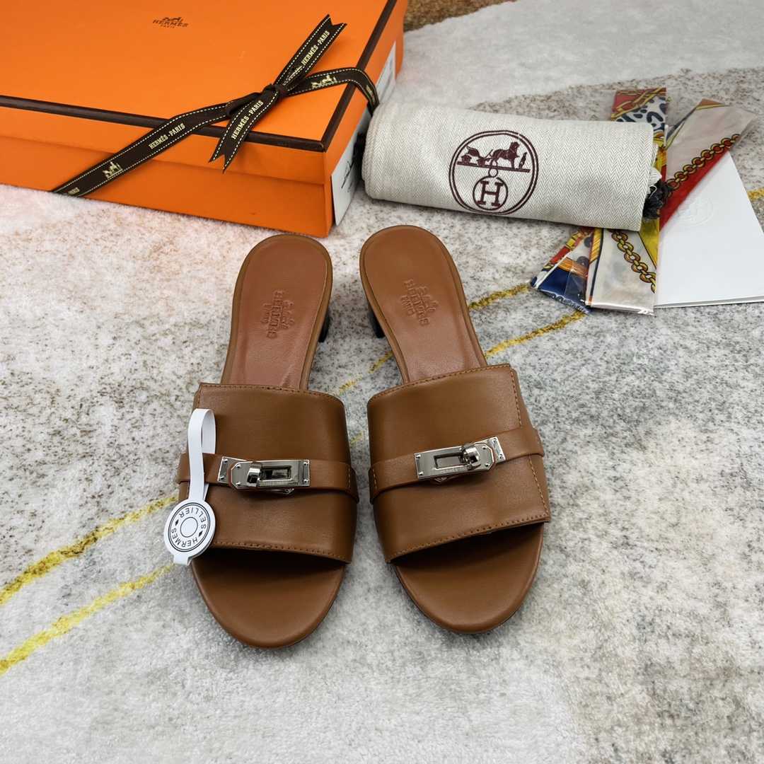 Hermes Open Toe Round Toe Casual Style Plain Leather Block Heels - DopestKickz