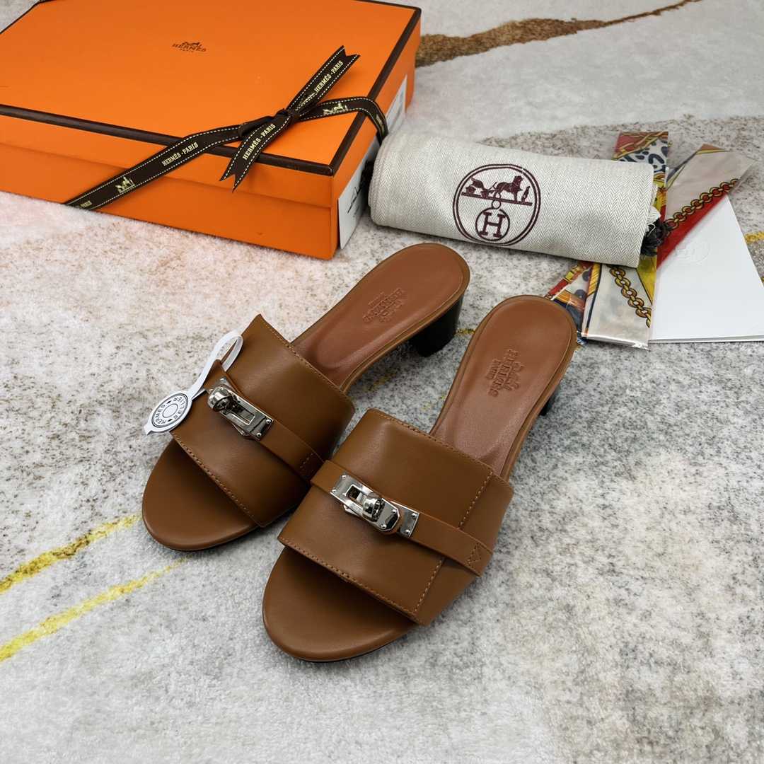 Hermes Open Toe Round Toe Casual Style Plain Leather Block Heels - DopestKickz