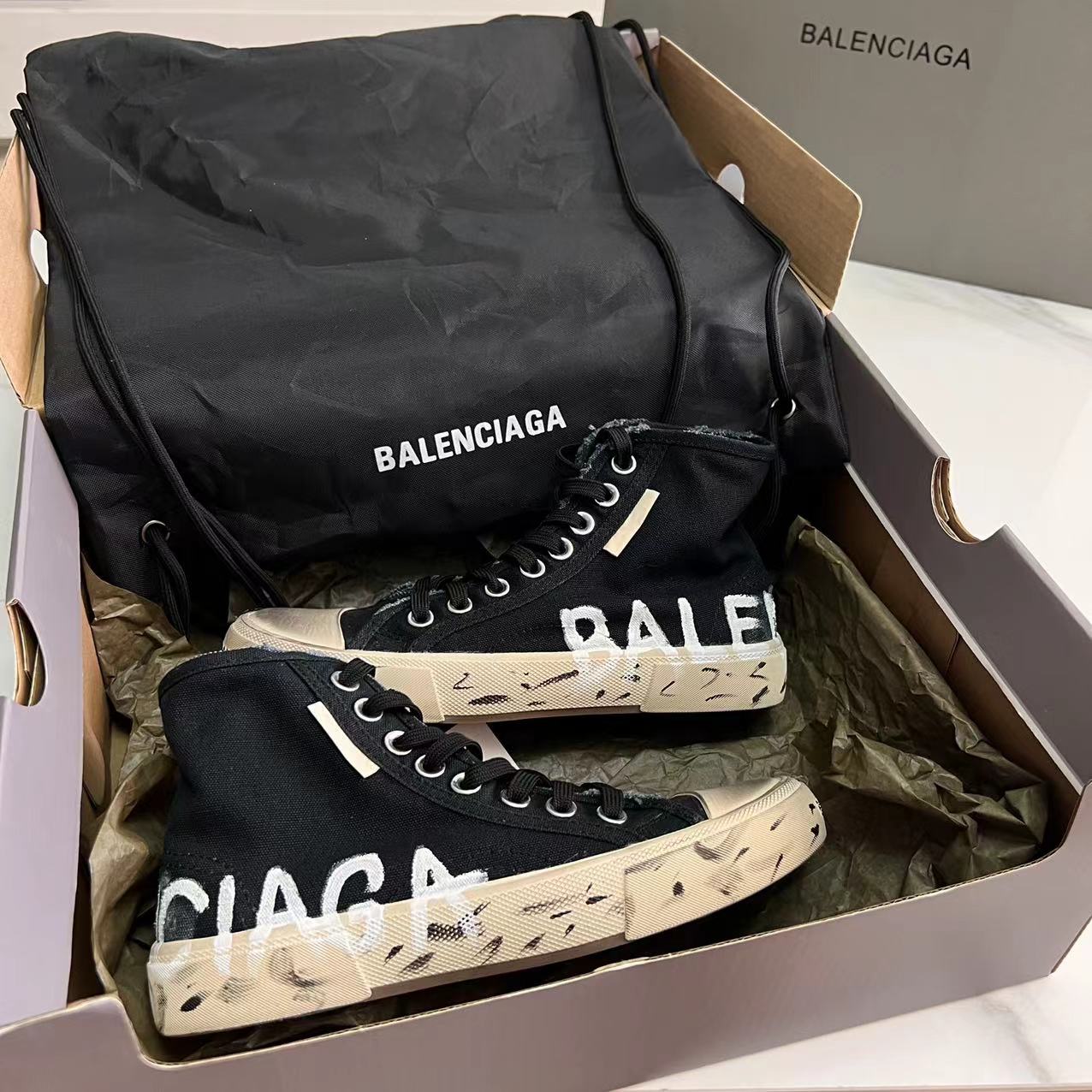 Balenciaga Paris High Top Graffiti Sneaker In Black - DopestKickz
