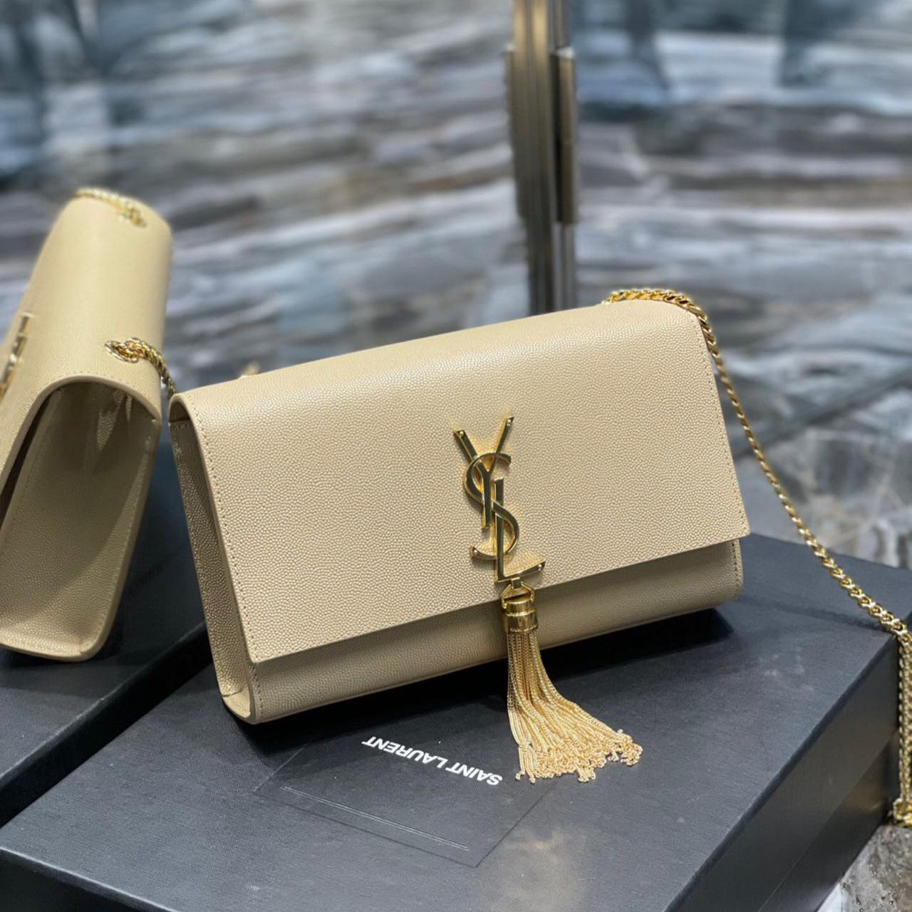 Saint Laurent Kate Chain Wallet WIth Tassel In Grain De Poudre Embossed Leather - DopestKickz