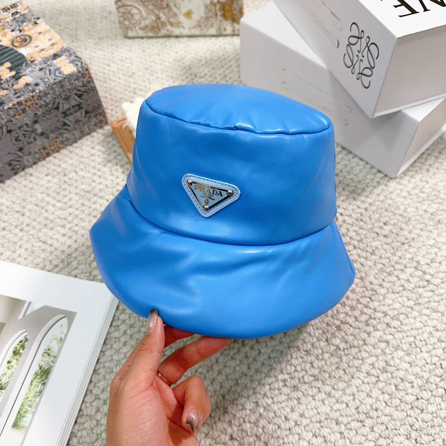 Prada Enamelled-logo Leather Bucket Hat - DopestKickz