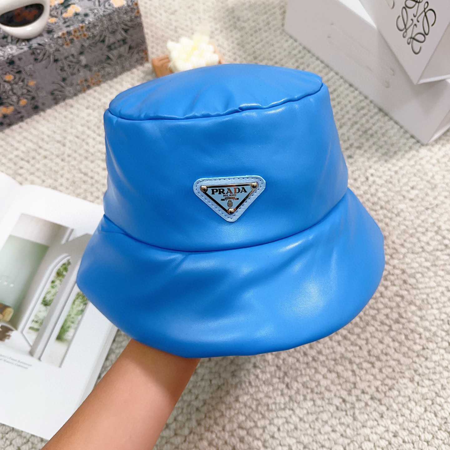 Prada Enamelled-logo Leather Bucket Hat - DopestKickz