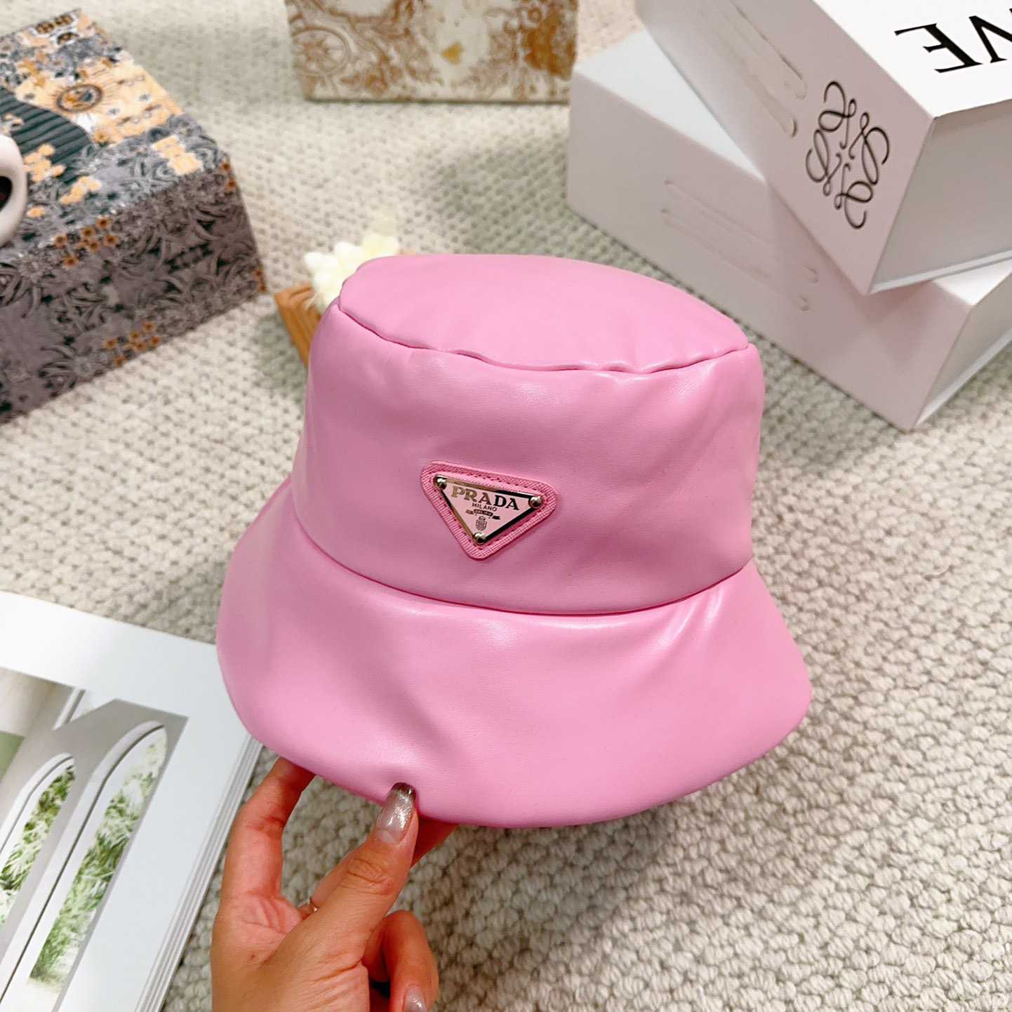 Prada Enamelled-logo Leather Bucket Hat - DopestKickz