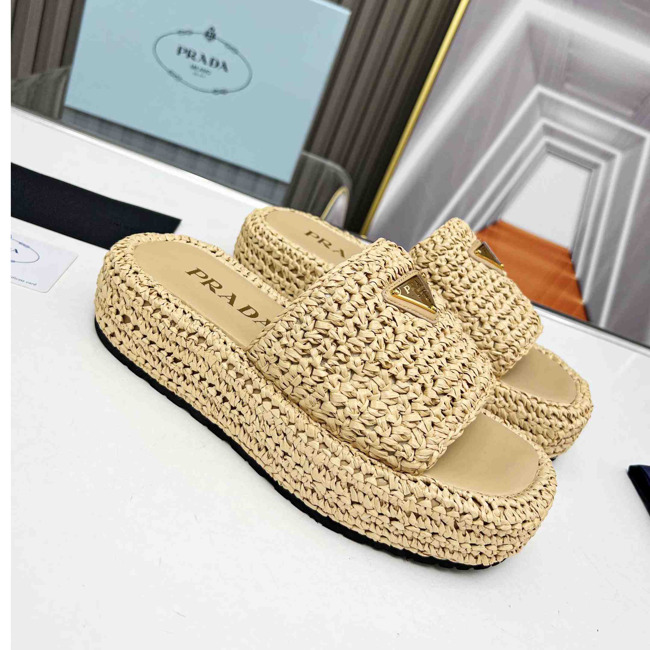 Prada Raffia Single-Band Platform Slides - DopestKickz