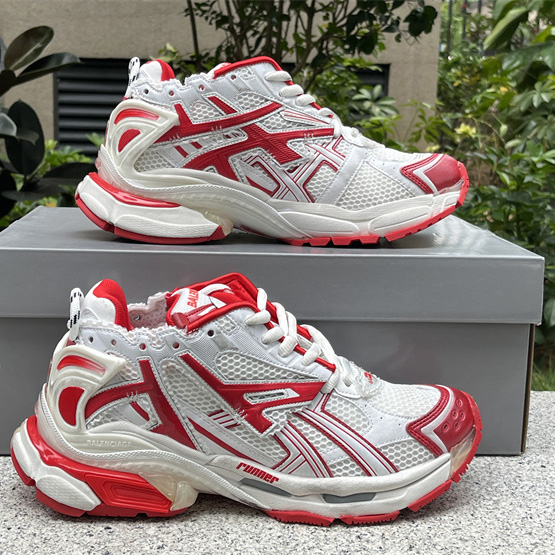 Balenciaga Runner Sneaker In White And Red Mesh And Nylon - DopestKickz