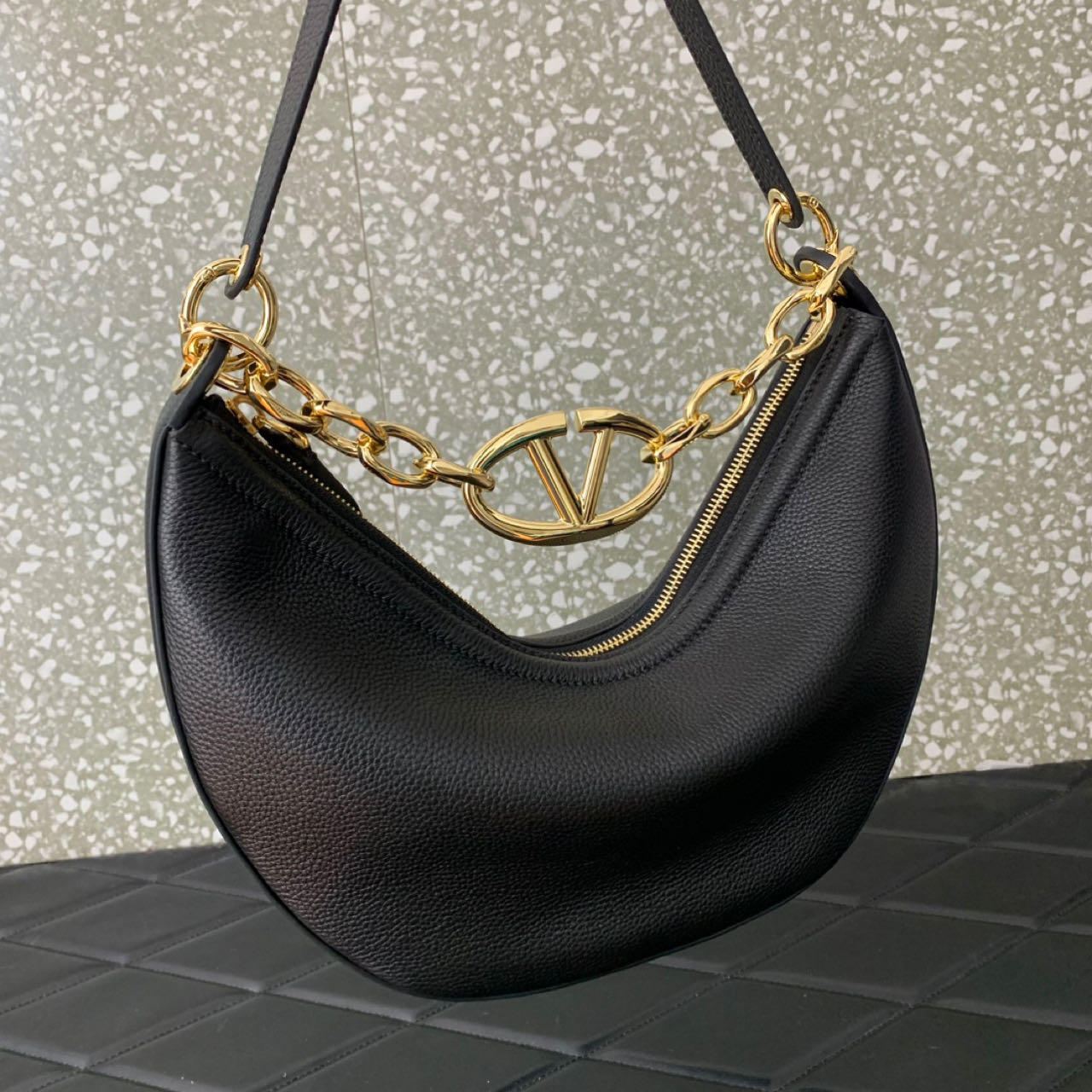 Valenti Small VLogo Moon Hobo Bag In Leather With Chain  - DopestKickz