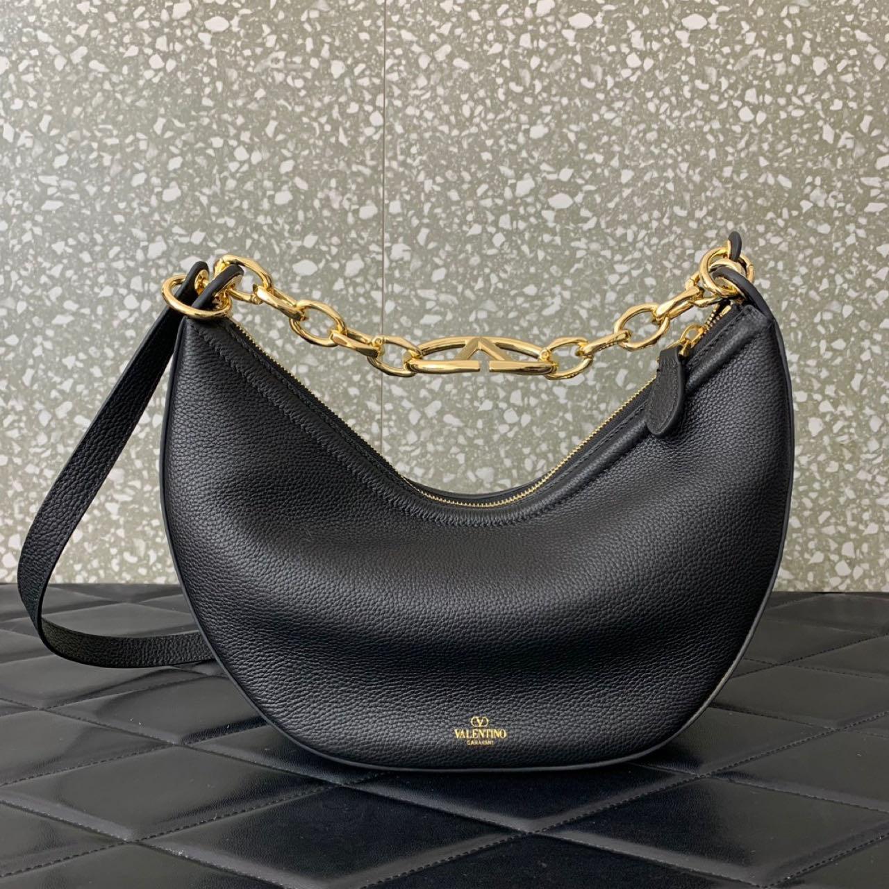 Valenti Small VLogo Moon Hobo Bag In Leather With Chain  - DopestKickz