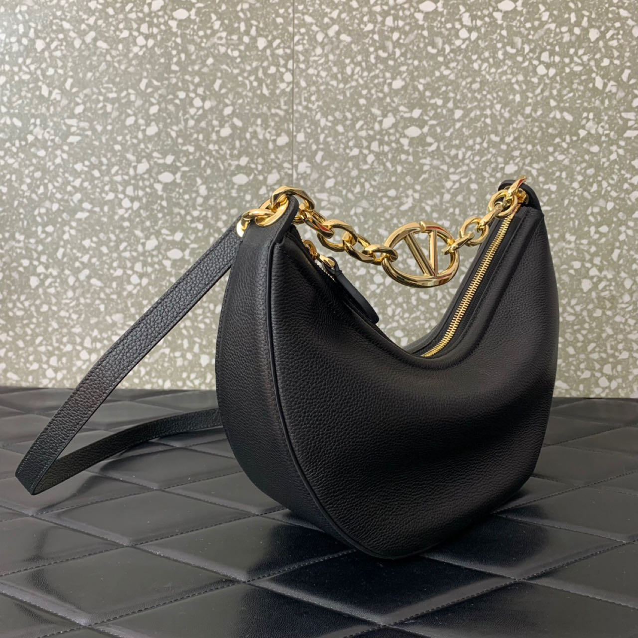 Valenti Small VLogo Moon Hobo Bag In Leather With Chain  - DopestKickz