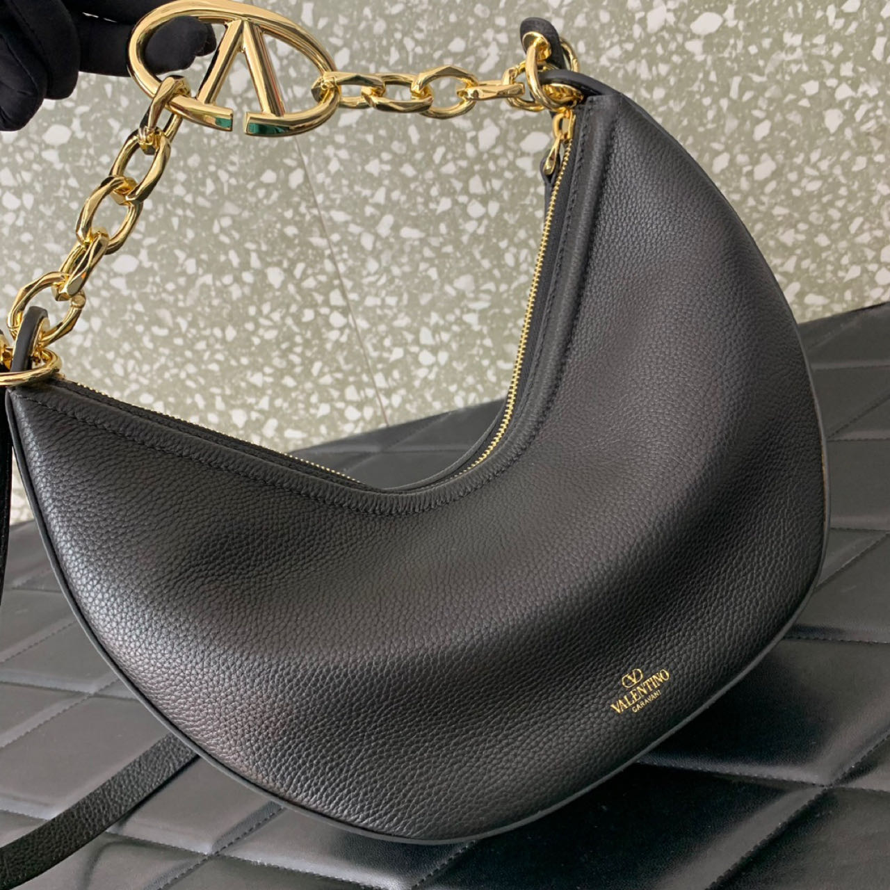 Valenti Small VLogo Moon Hobo Bag In Leather With Chain  - DopestKickz