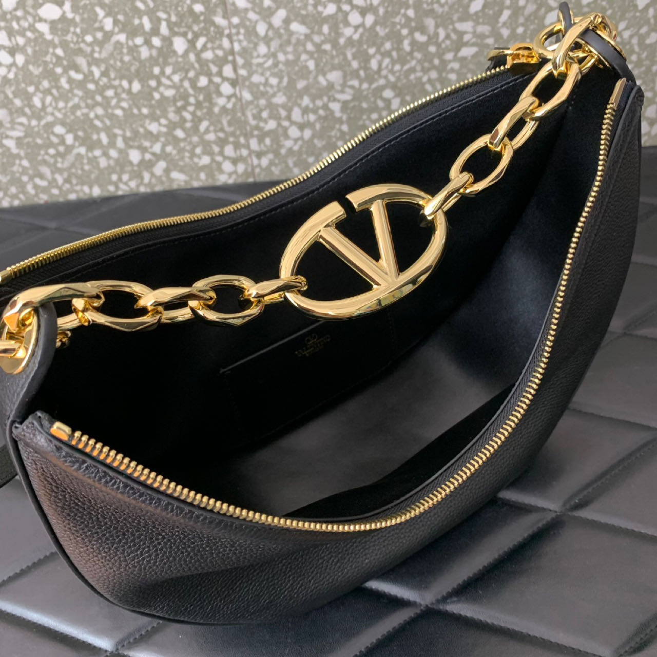 Valenti Small VLogo Moon Hobo Bag In Leather With Chain  - DopestKickz