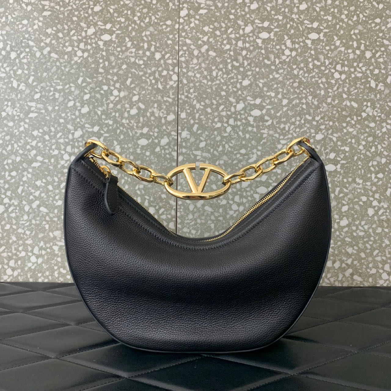 Valenti Small VLogo Moon Hobo Bag In Leather With Chain  - DopestKickz