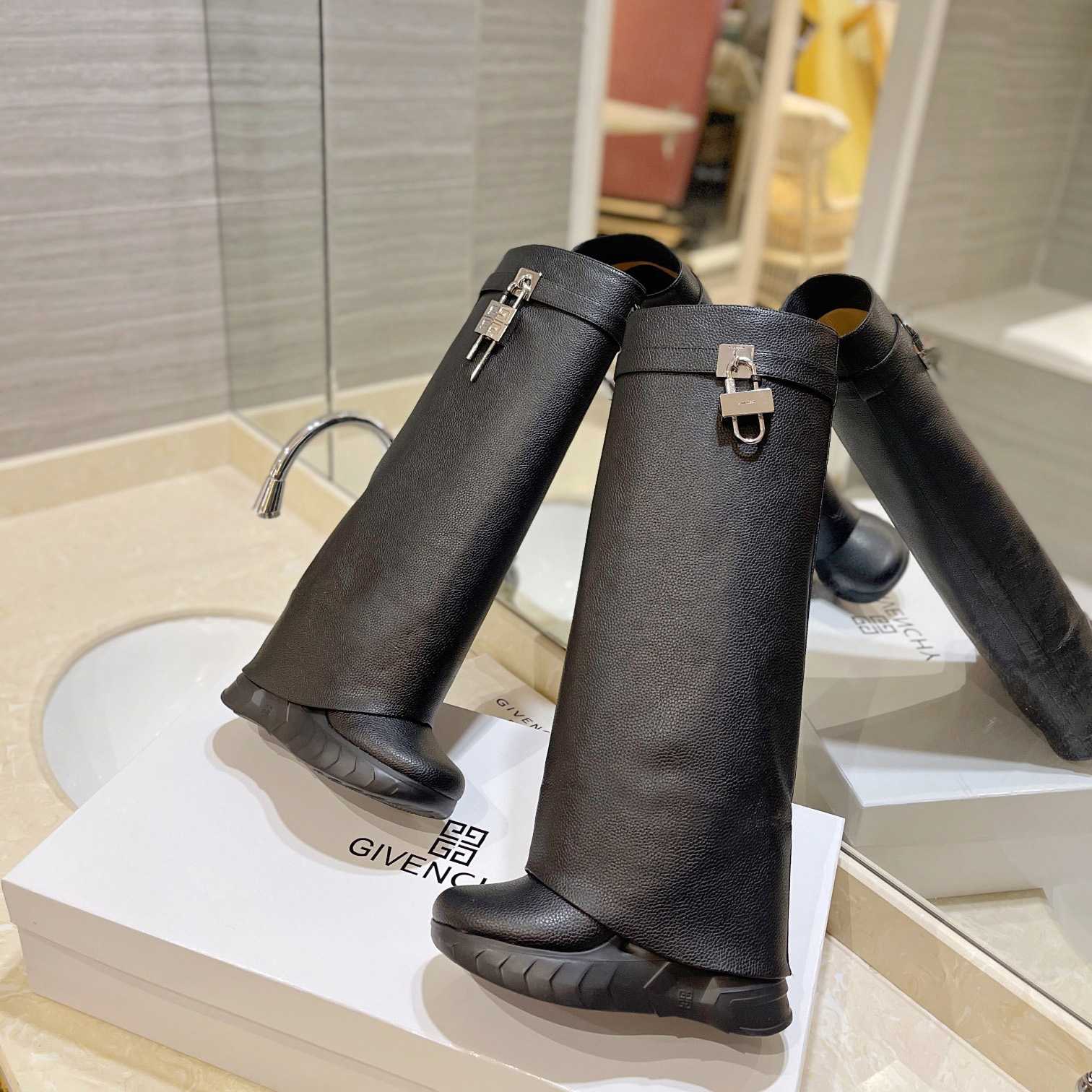 Givenchy Shark Lock Biker Boots In Grained Leather - DopestKickz