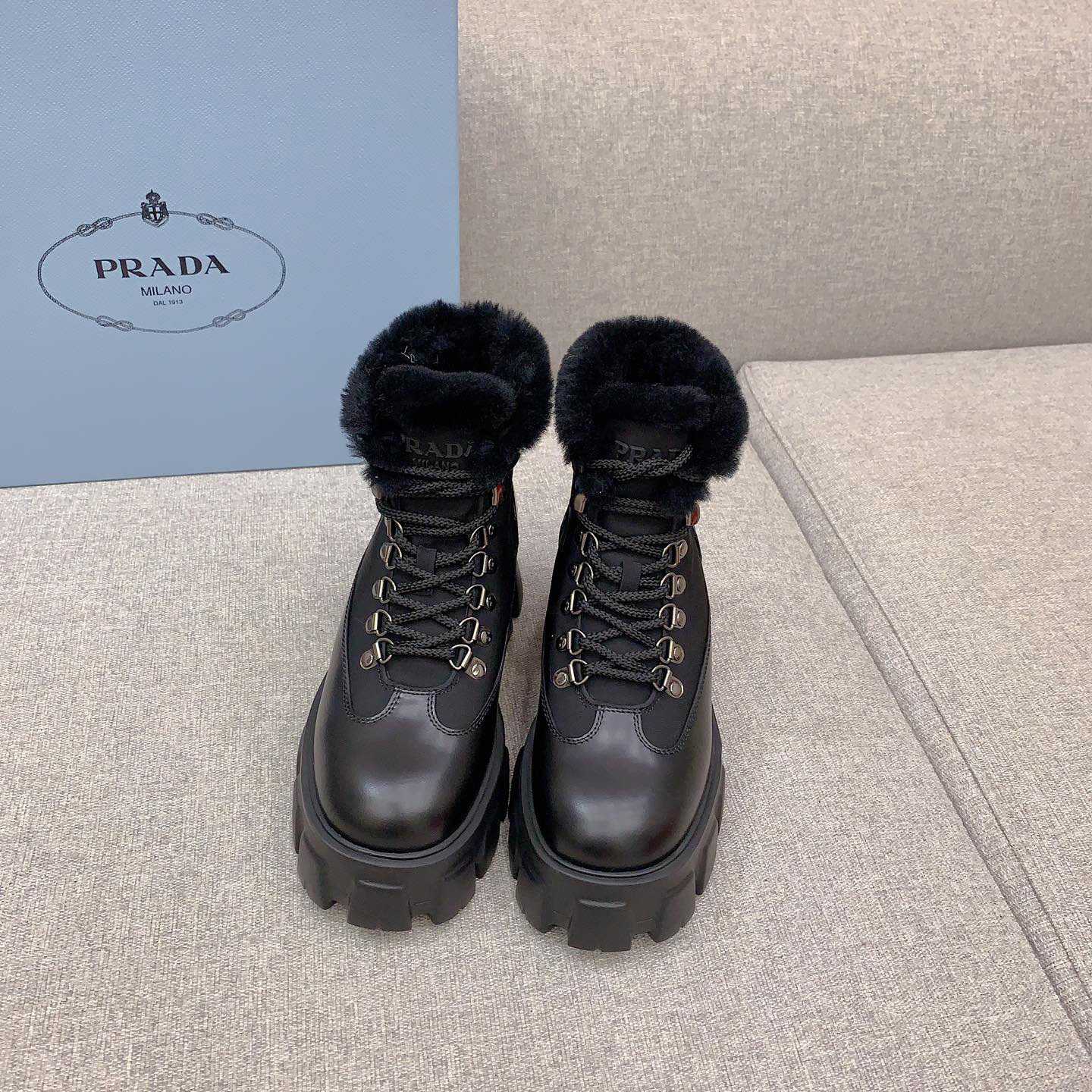 Prada Monolith Leather And Nylon Booties - DopestKickz