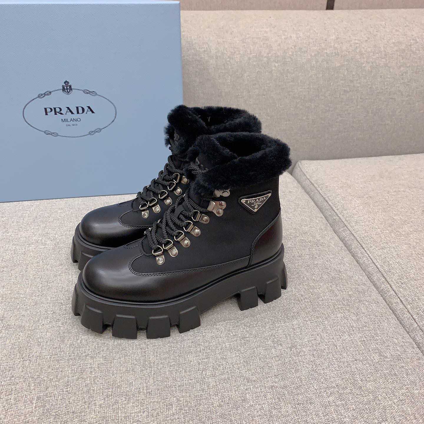 Prada Monolith Leather And Nylon Booties - DopestKickz