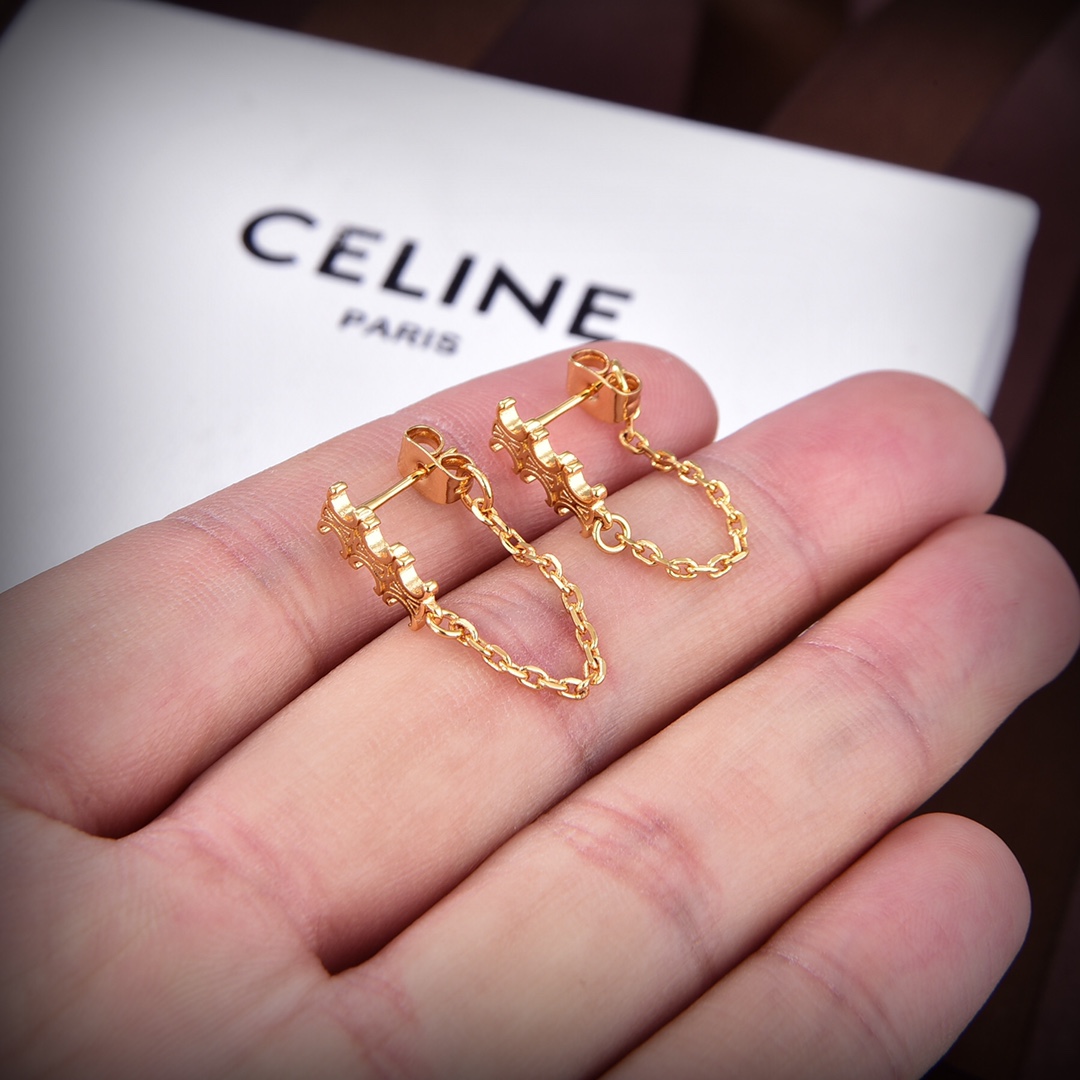 Celine Triomphe Chain Earrings In Brass With Gold Finish - DopestKickz
