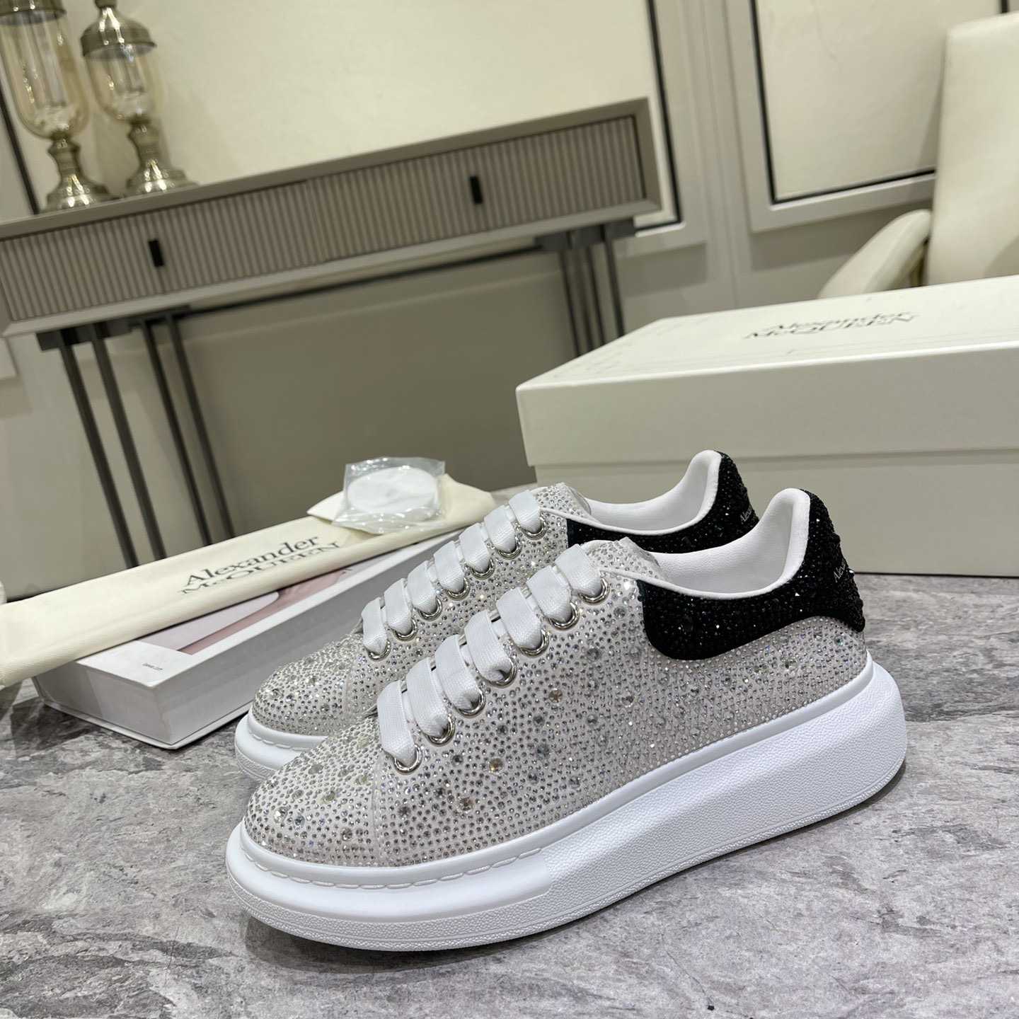 Alexander Mqueen Crystal-embellished Oversized Sneaker In White/Black - DopestKickz