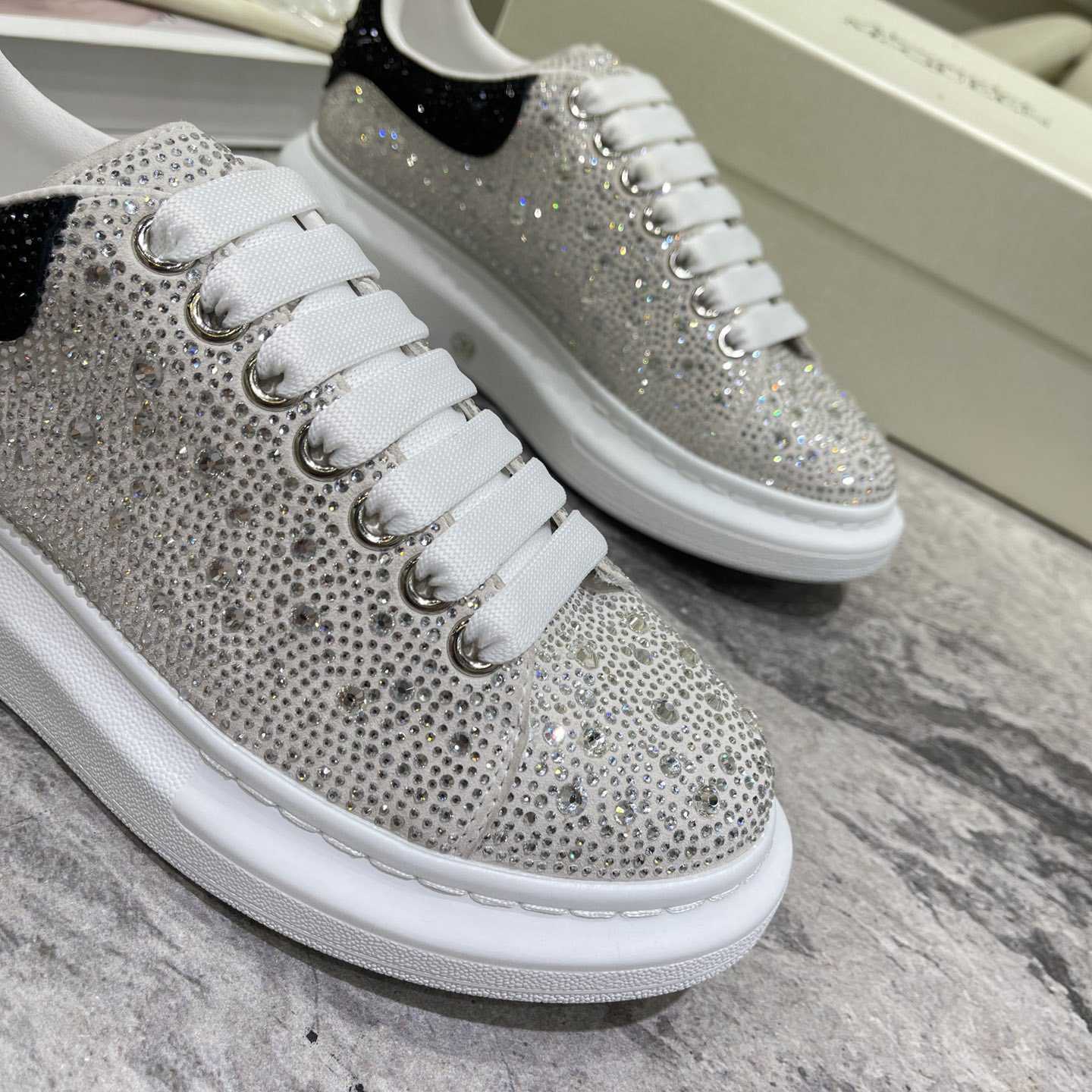 Alexander Mqueen Crystal-embellished Oversized Sneaker In White/Black - DopestKickz