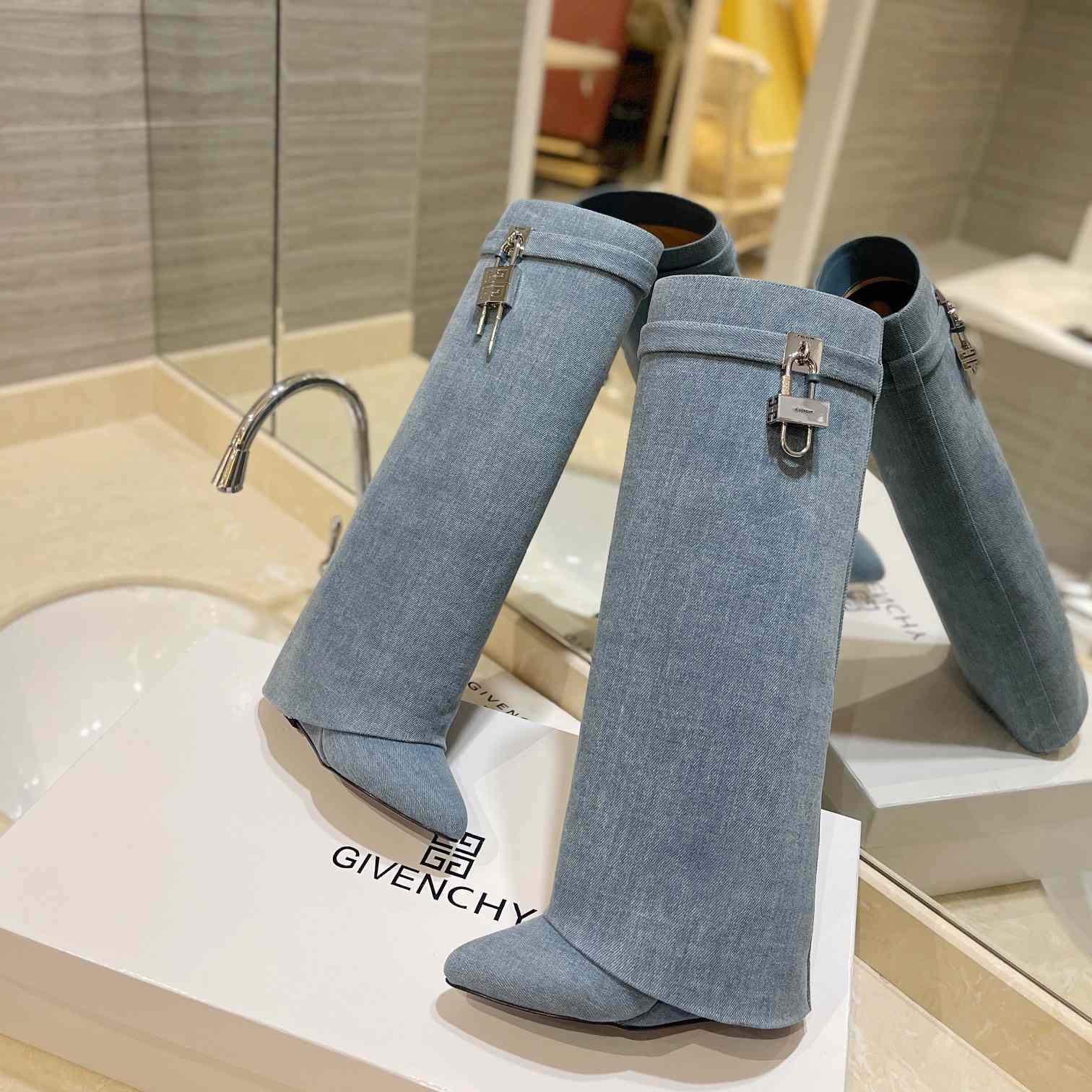 Givenchy Shark Lock Boots In Washed Denim - DopestKickz