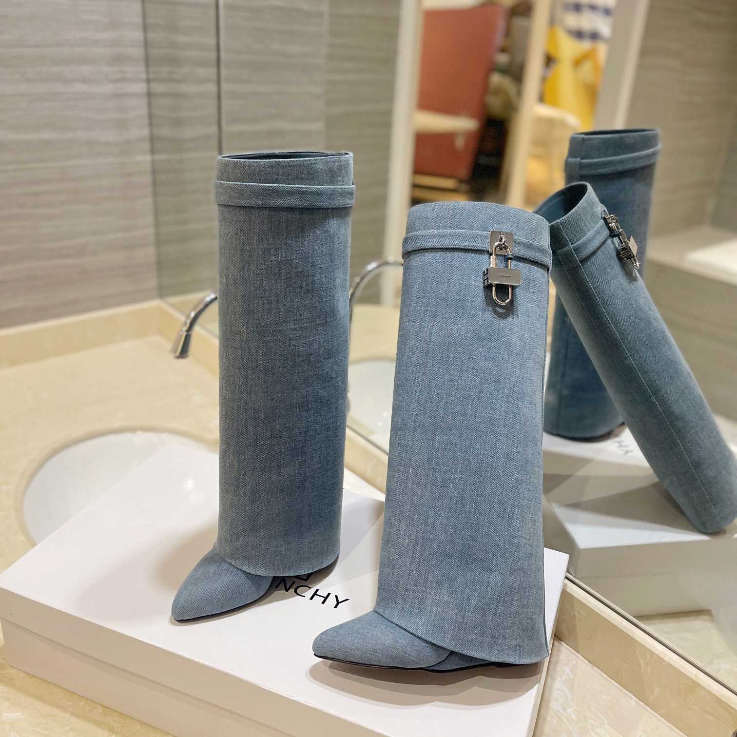 Givenchy Shark Lock Boots In Washed Denim - DopestKickz