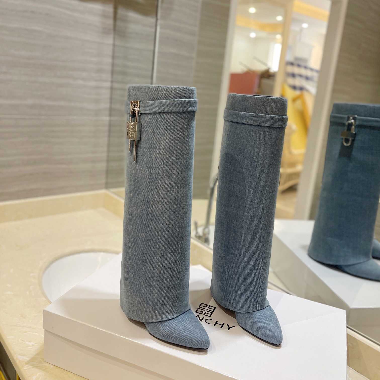 Givenchy Shark Lock Boots In Washed Denim - DopestKickz