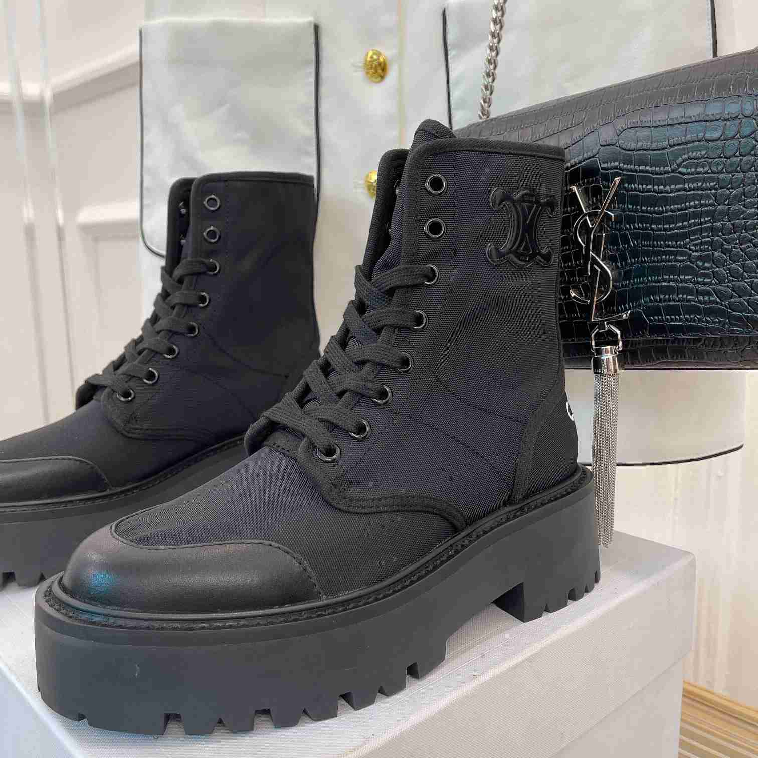 Celine Bulky Laced Up Boot In Nylon And Shiny Bull - DopestKickz