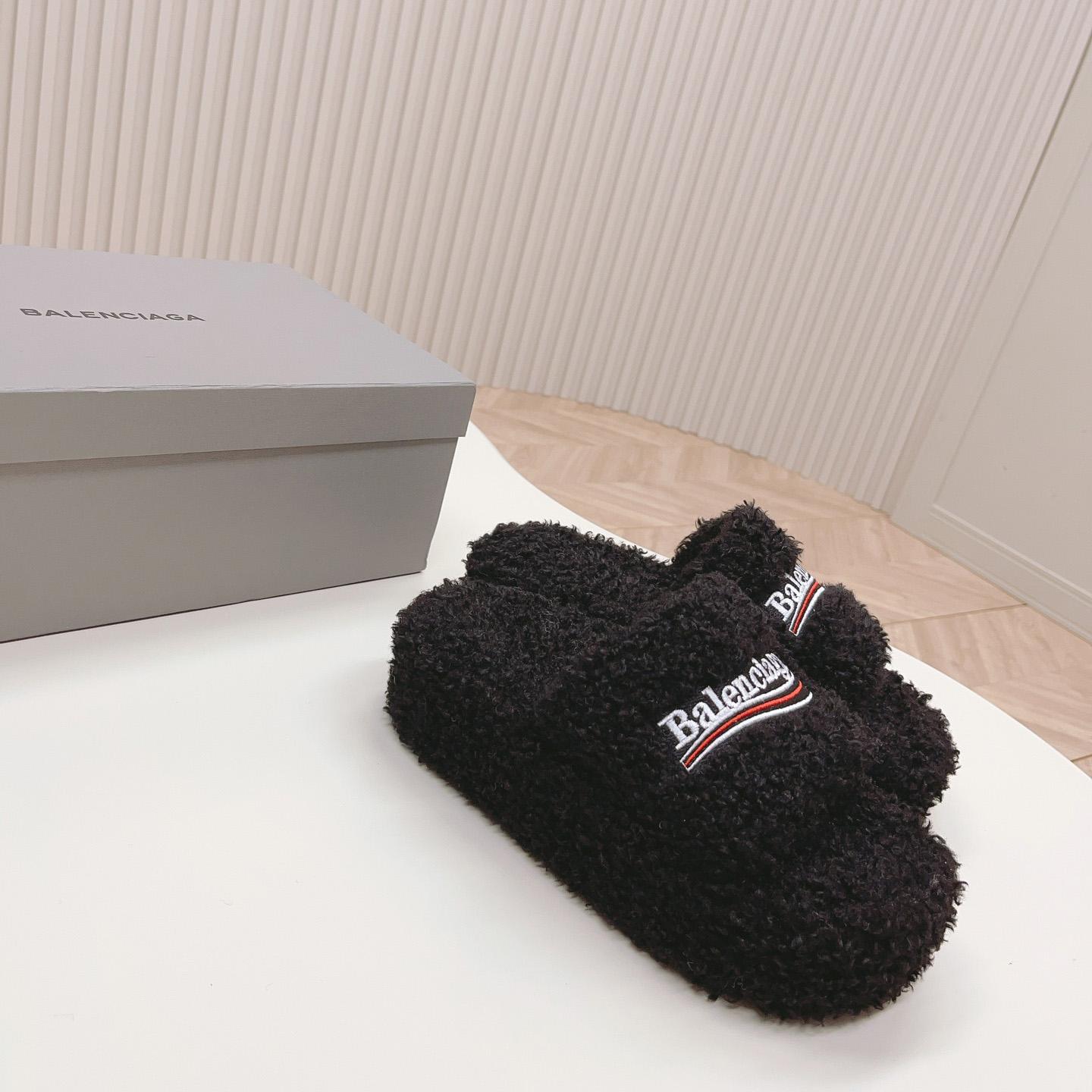 Balenciaga Furry Platform Sandal In Black - DopestKickz
