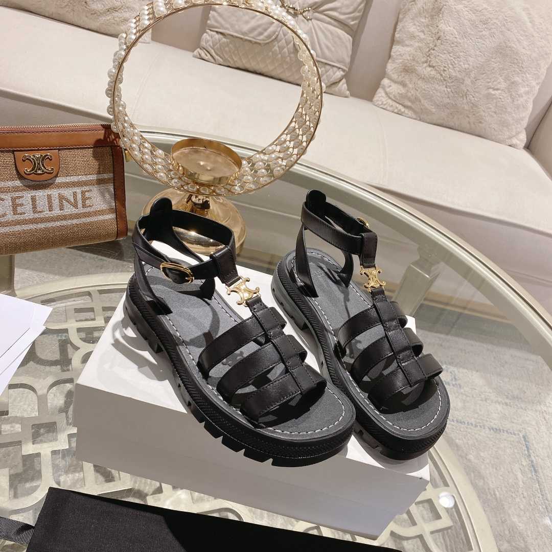 Celine Clea Triomphe Gladiator Sandal In Calfskin - Vegetal Tanning Black - DopestKickz