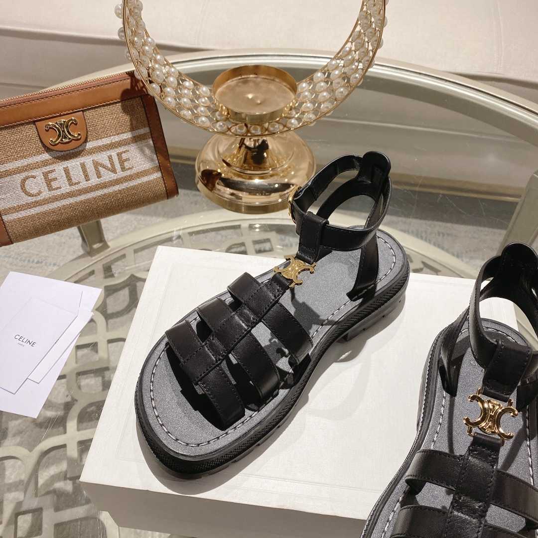 Celine Clea Triomphe Gladiator Sandal In Calfskin - Vegetal Tanning Black - DopestKickz