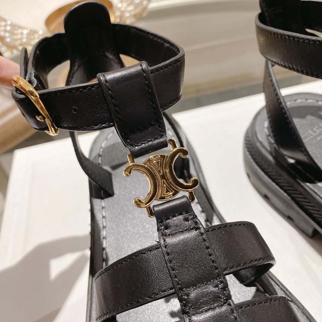 Celine Clea Triomphe Gladiator Sandal In Calfskin - Vegetal Tanning Black - DopestKickz