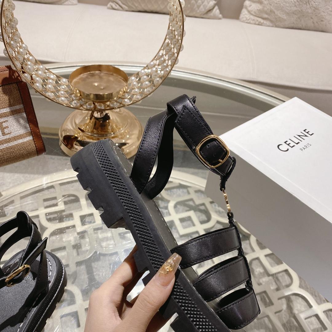 Celine Clea Triomphe Gladiator Sandal In Calfskin - Vegetal Tanning Black - DopestKickz