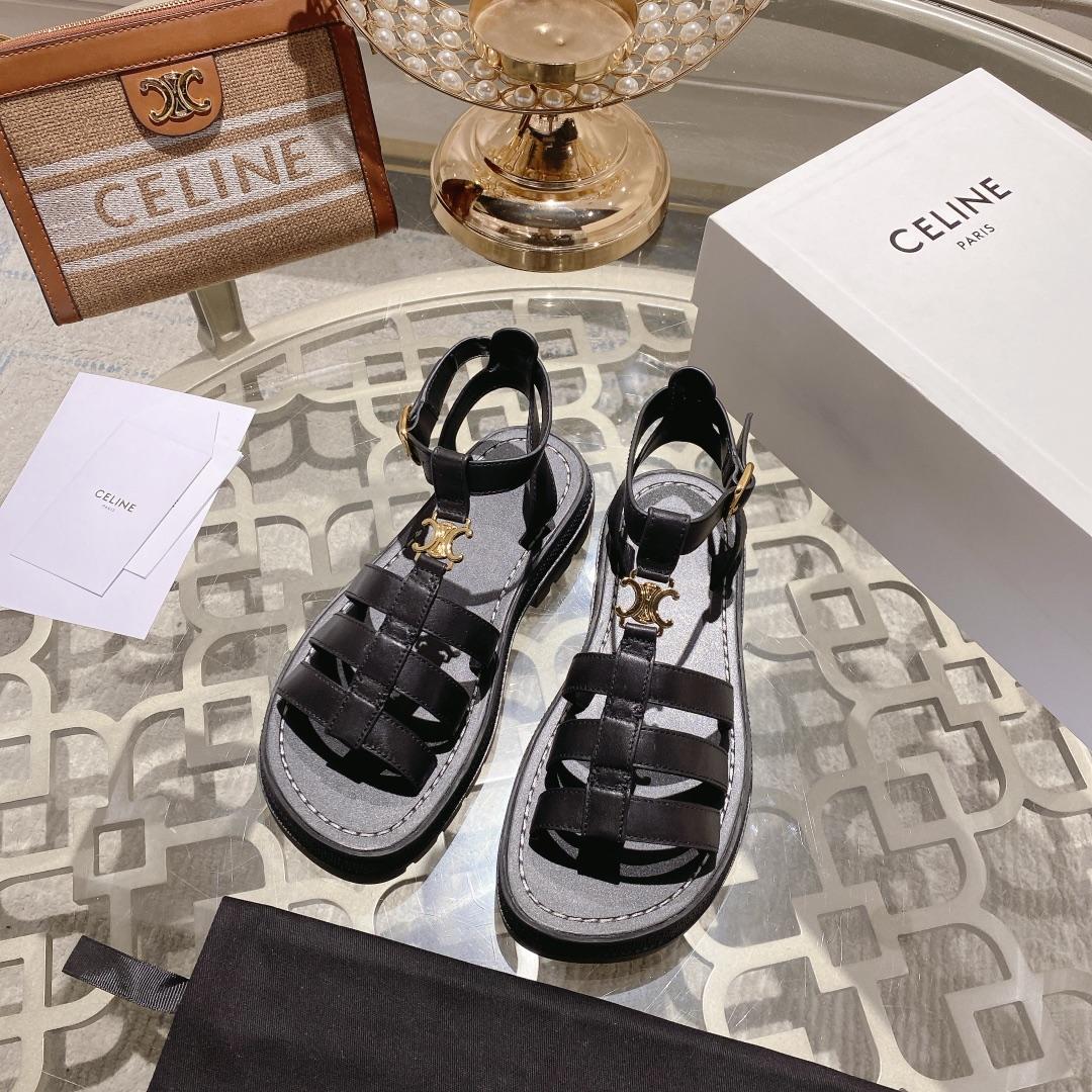 Celine Clea Triomphe Gladiator Sandal In Calfskin - Vegetal Tanning Black - DopestKickz
