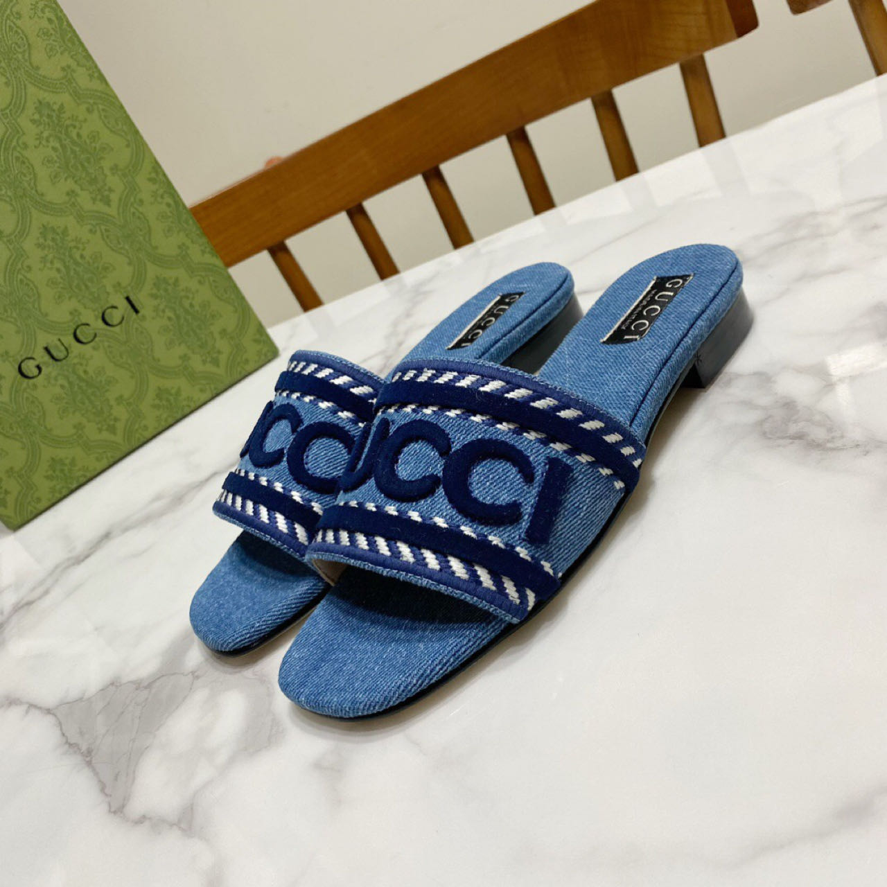 Gucci Script Block Heel Sandals - DopestKickz