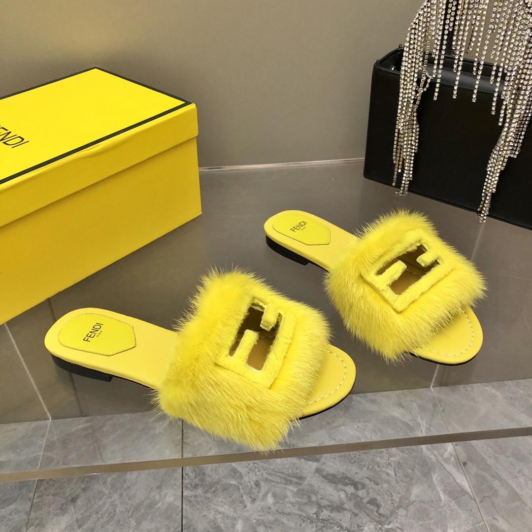 Fendi Baguette Yellow Mink Slides - DopestKickz