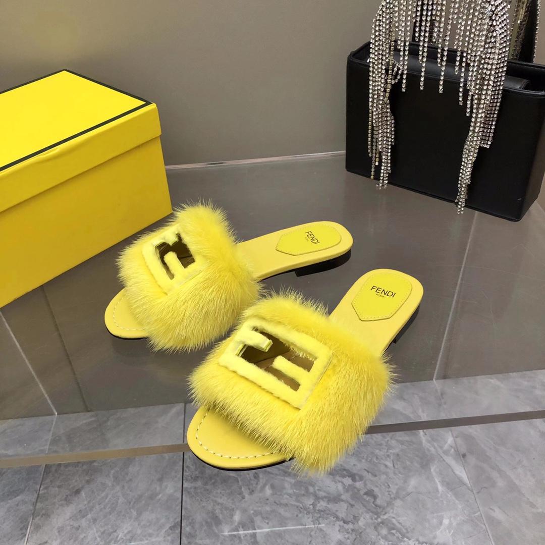 Fendi Baguette Yellow Mink Slides - DopestKickz