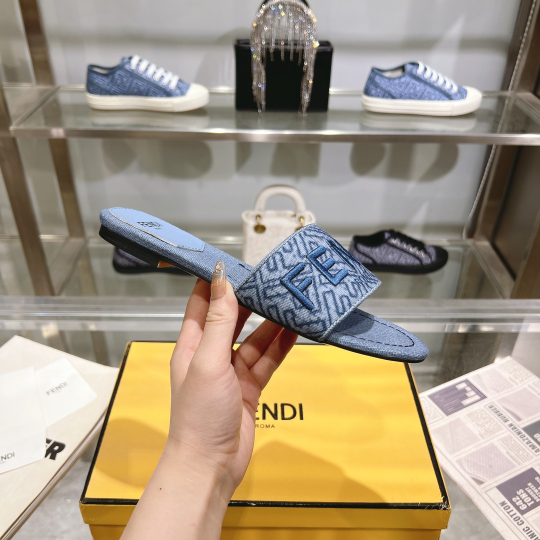 Fendi Signature Blue Denim Slides - DopestKickz