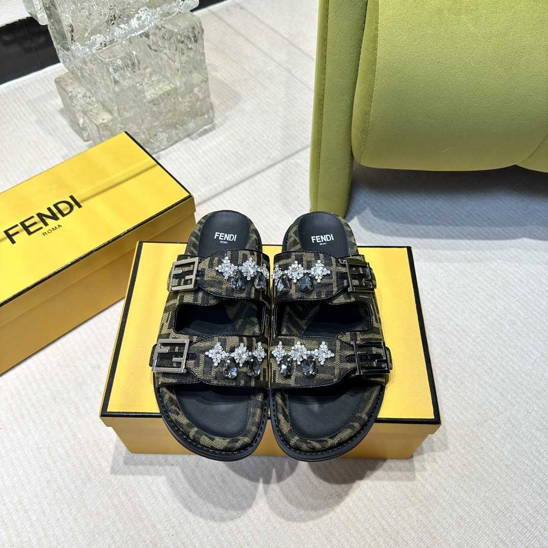 Fendi Feel Brown Fabric Slides - DopestKickz