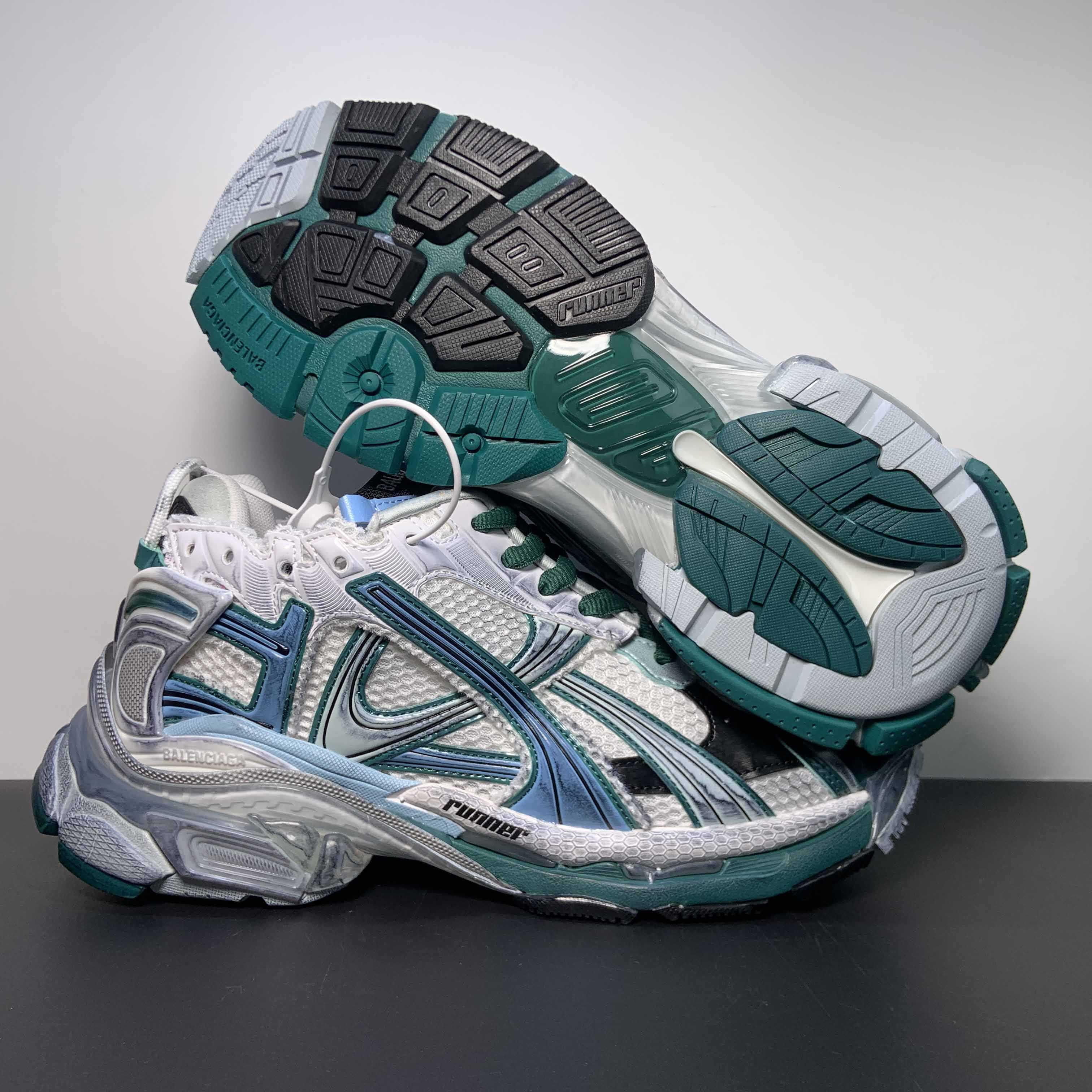 Balenciaga Runner Sneaker In White/Green And Blue - DopestKickz