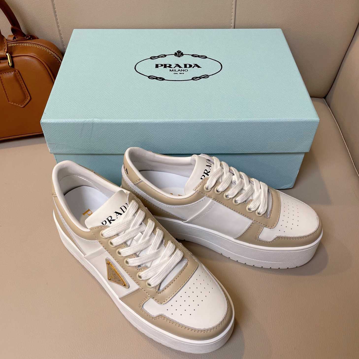 Prada Downtown Bold Leather Sneakers - DopestKickz