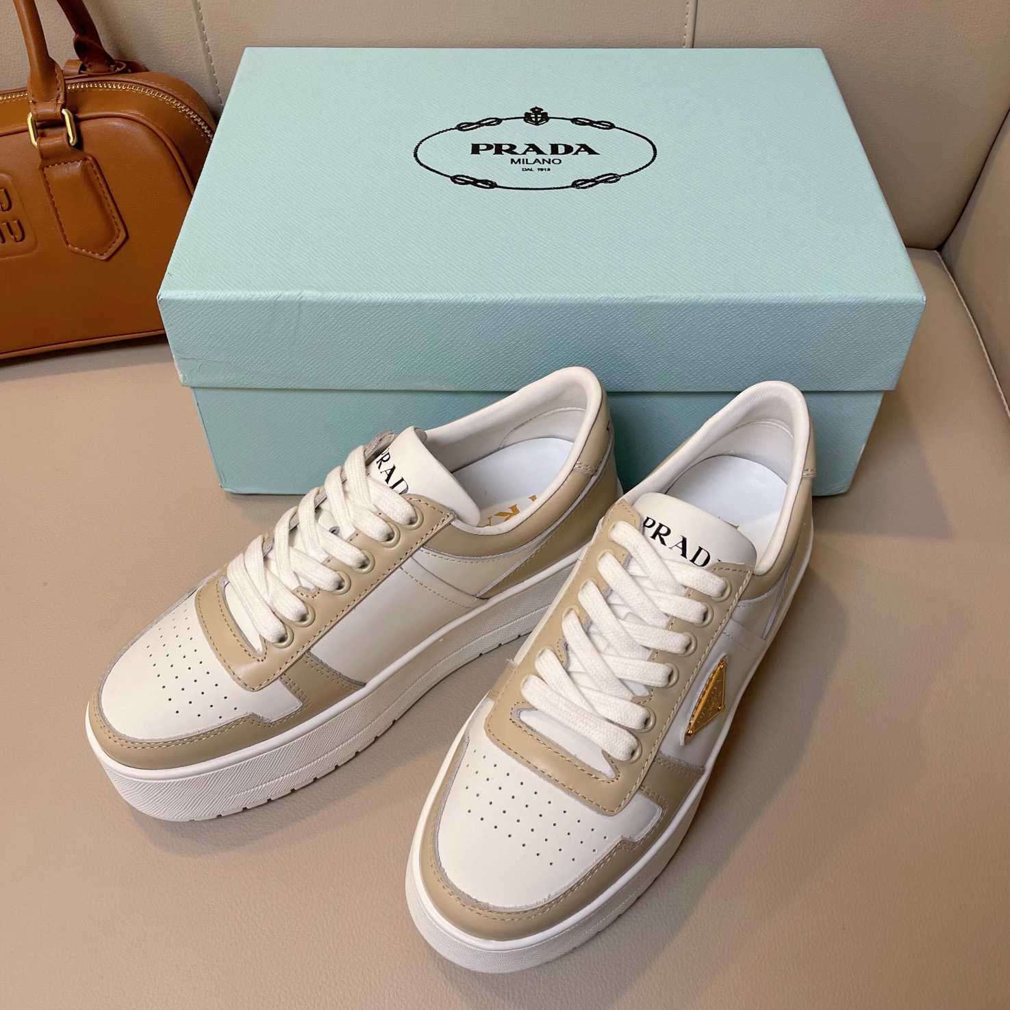 Prada Downtown Bold Leather Sneakers - DopestKickz