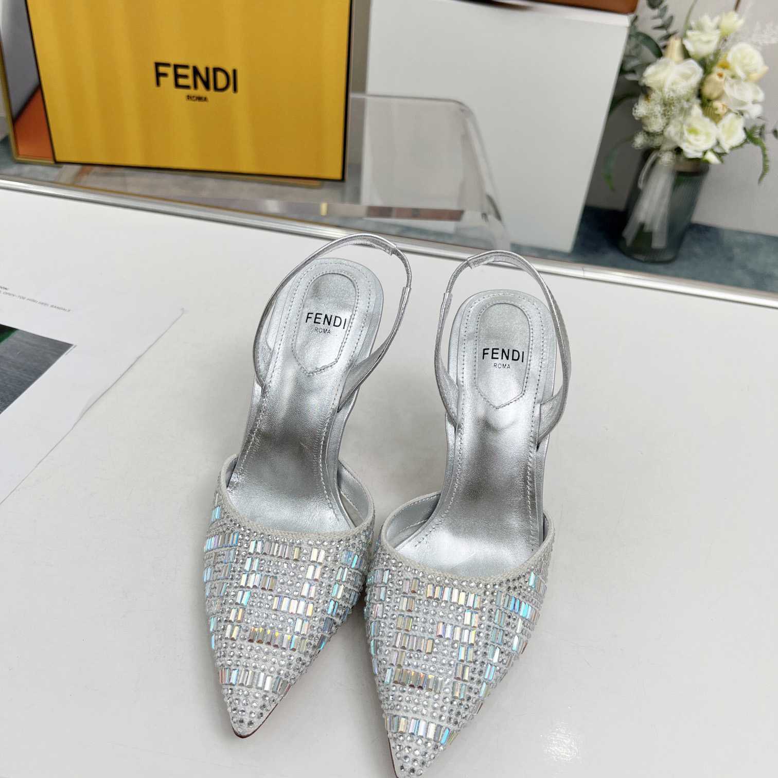 Fendi First Silver-colored Rhinestone High-heeled Slingbacks - DopestKickz